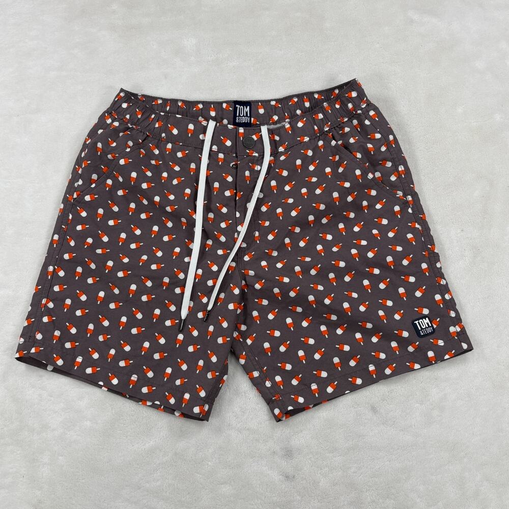 Tom & Teddy Mens Swim Shorts Grey Orange Popsicle Print Drawstring Mesh Lined M